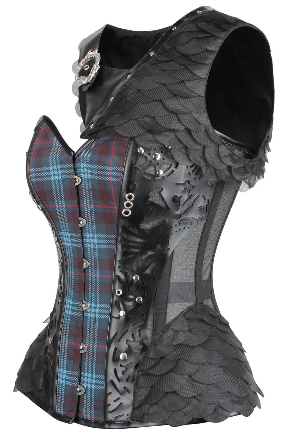 Alt Tag: Dramatic Plaid Overbust Corset with Scale Shrug Detail, gothic tartan steel-boned corset with scale-textured shrug and busk closure