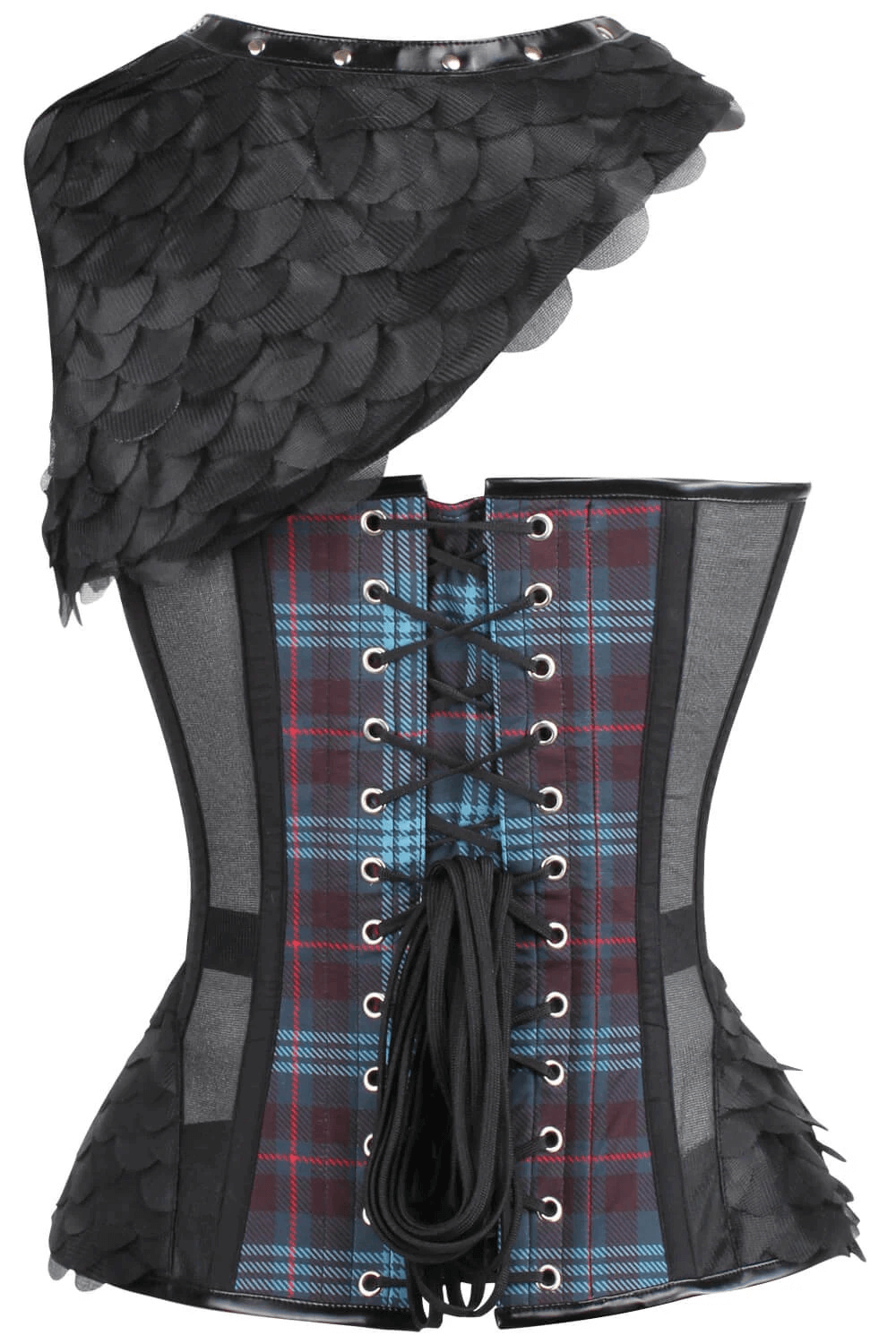 Alt Tag: Dramatic Plaid Overbust Corset with Scale Shrug Detail, gothic tartan steel-boned corset with black scale shoulder shrug and lace-up back