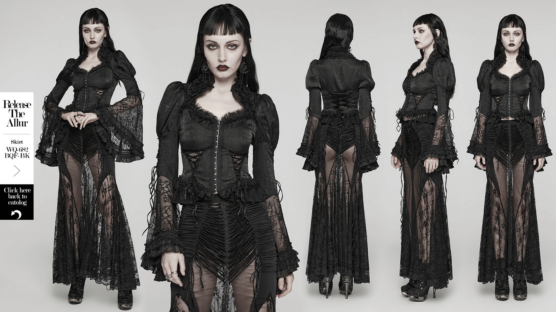 Dramatic women's black lace gothic blouse with bubble sleeves and elegant flare cuffs for a dark, edgy look.