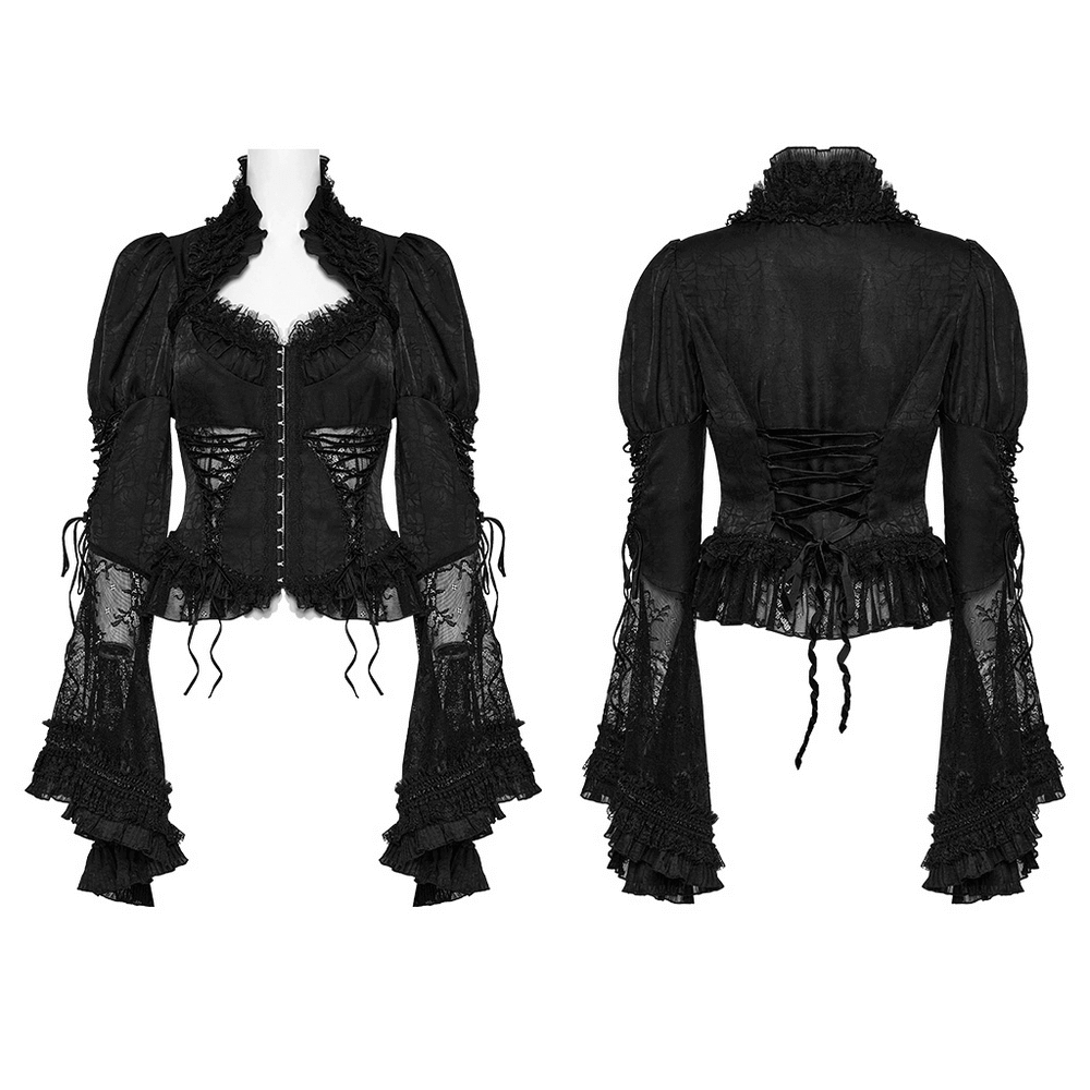 Dramatic black lace gothic blouse with bubble sleeves and elegant flare cuffs, perfect for dark elegance.