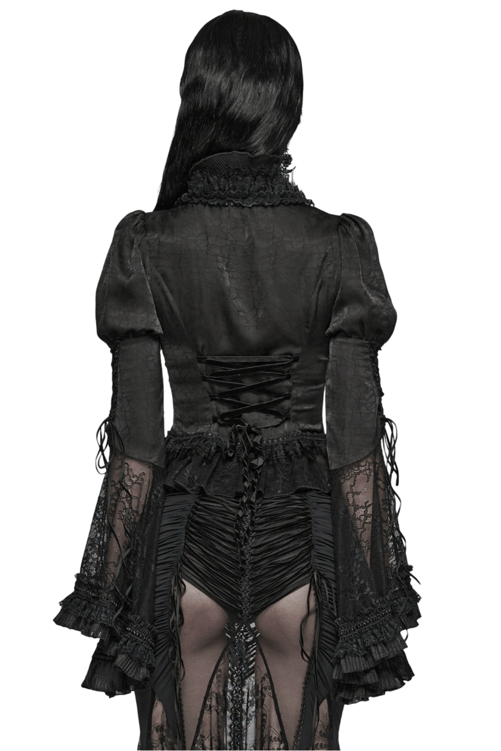 Back view of dramatic black lace gothic blouse with bubble sleeves and stylish lace details.