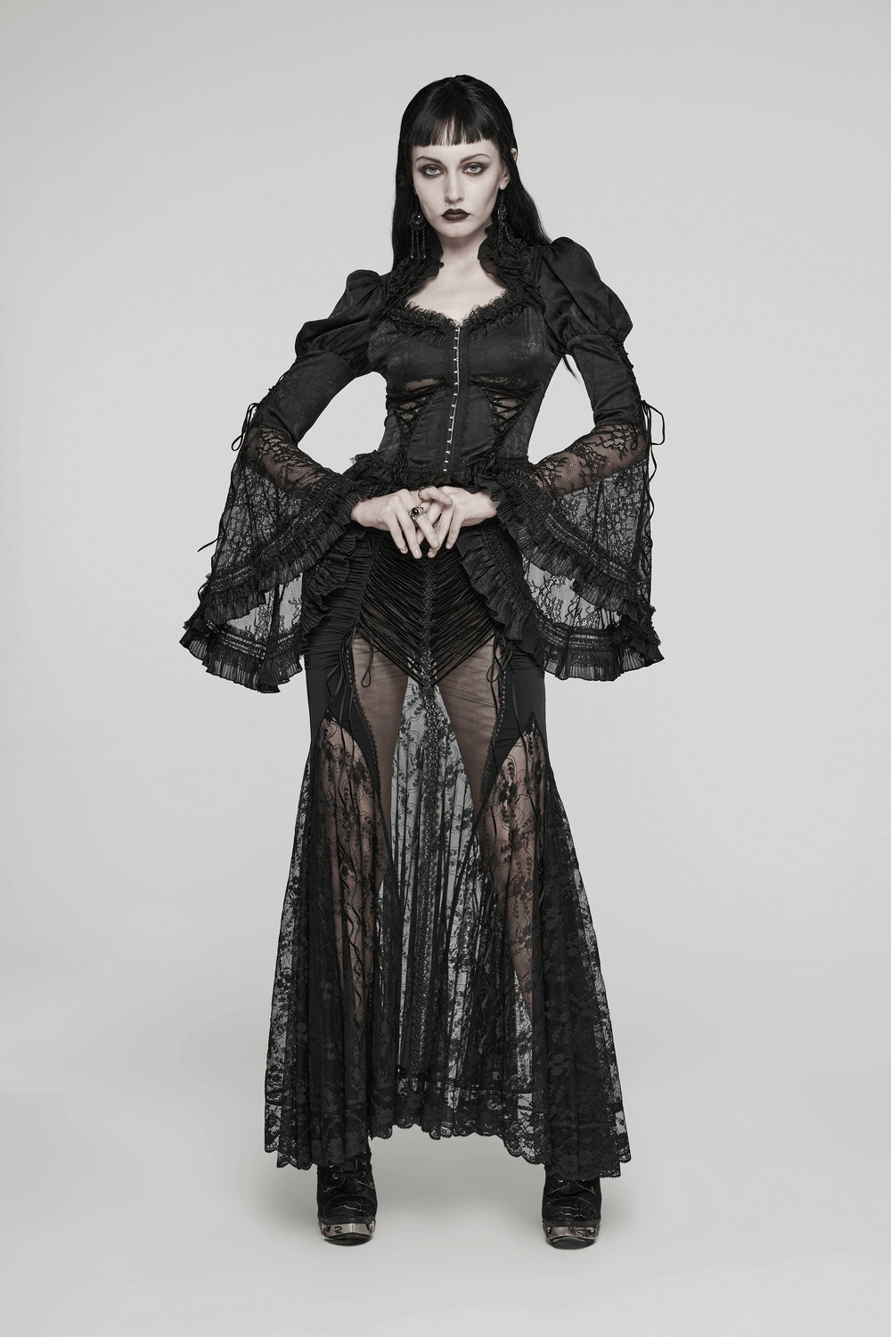 Dramatic women's gothic black lace blouse with bubble sleeves and elegant flare cuffs.