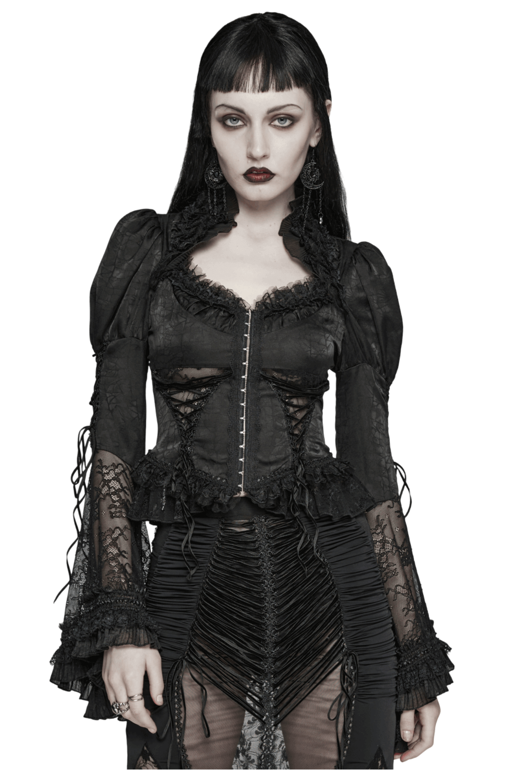 Dramatic women's black lace gothic blouse with bubble sleeves and intricate design, perfect for dark elegance.