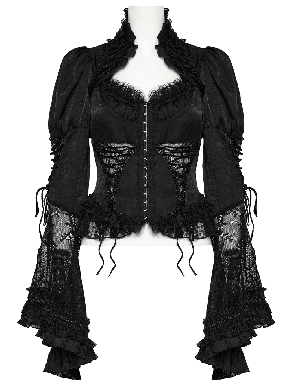 Dramatic black lace gothic blouse with bubble sleeves and elegant flare cuffs for dark elegance.