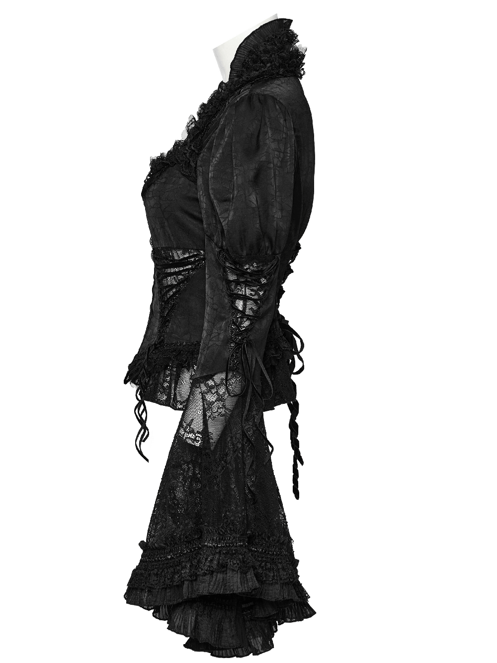 Side view of a dramatic black lace gothic blouse with bubble sleeves and intricate lace details.