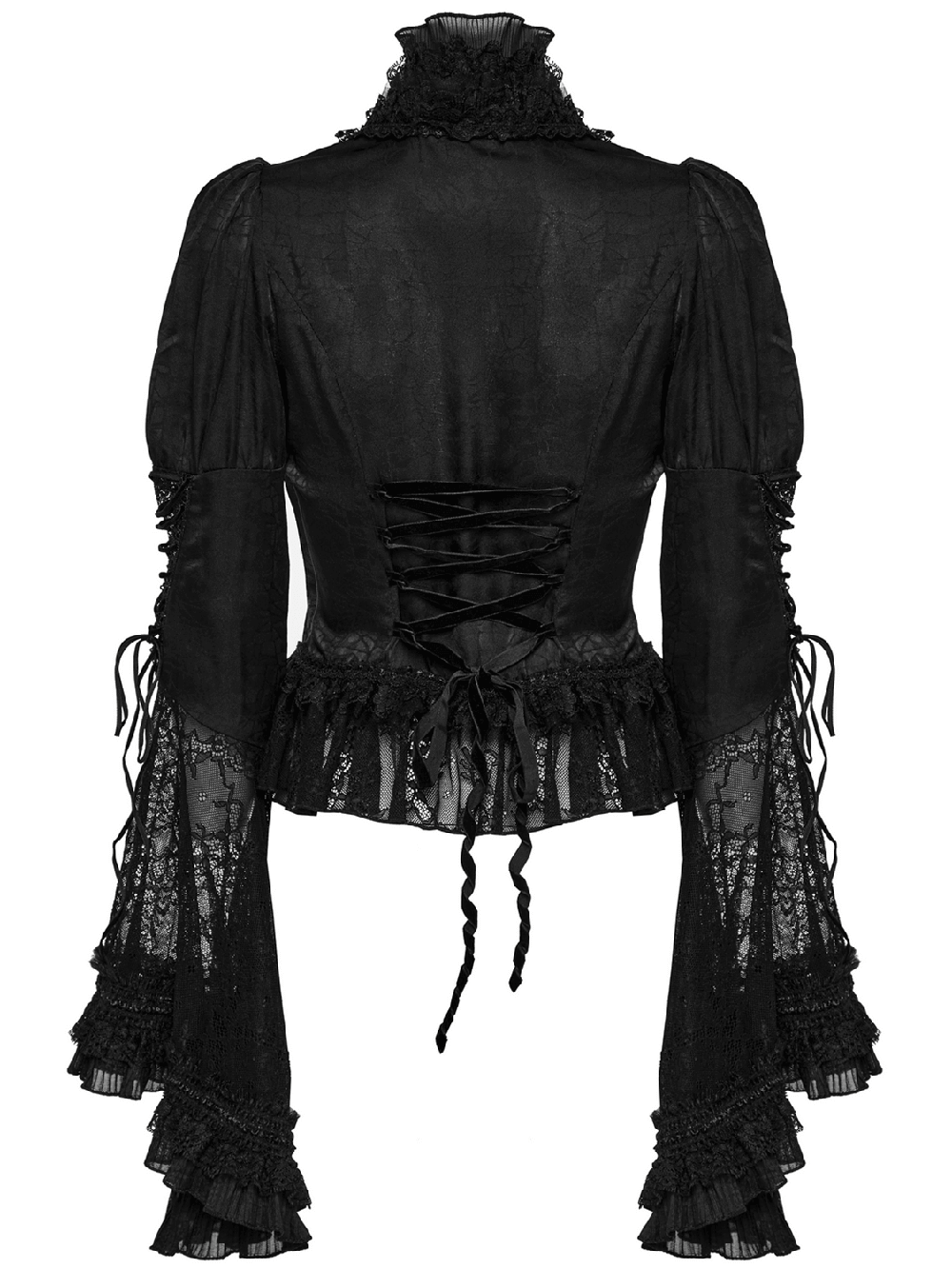 Back view of a dramatic black lace blouse with bubble sleeves and elegant flare cuffs, showcasing gothic style.