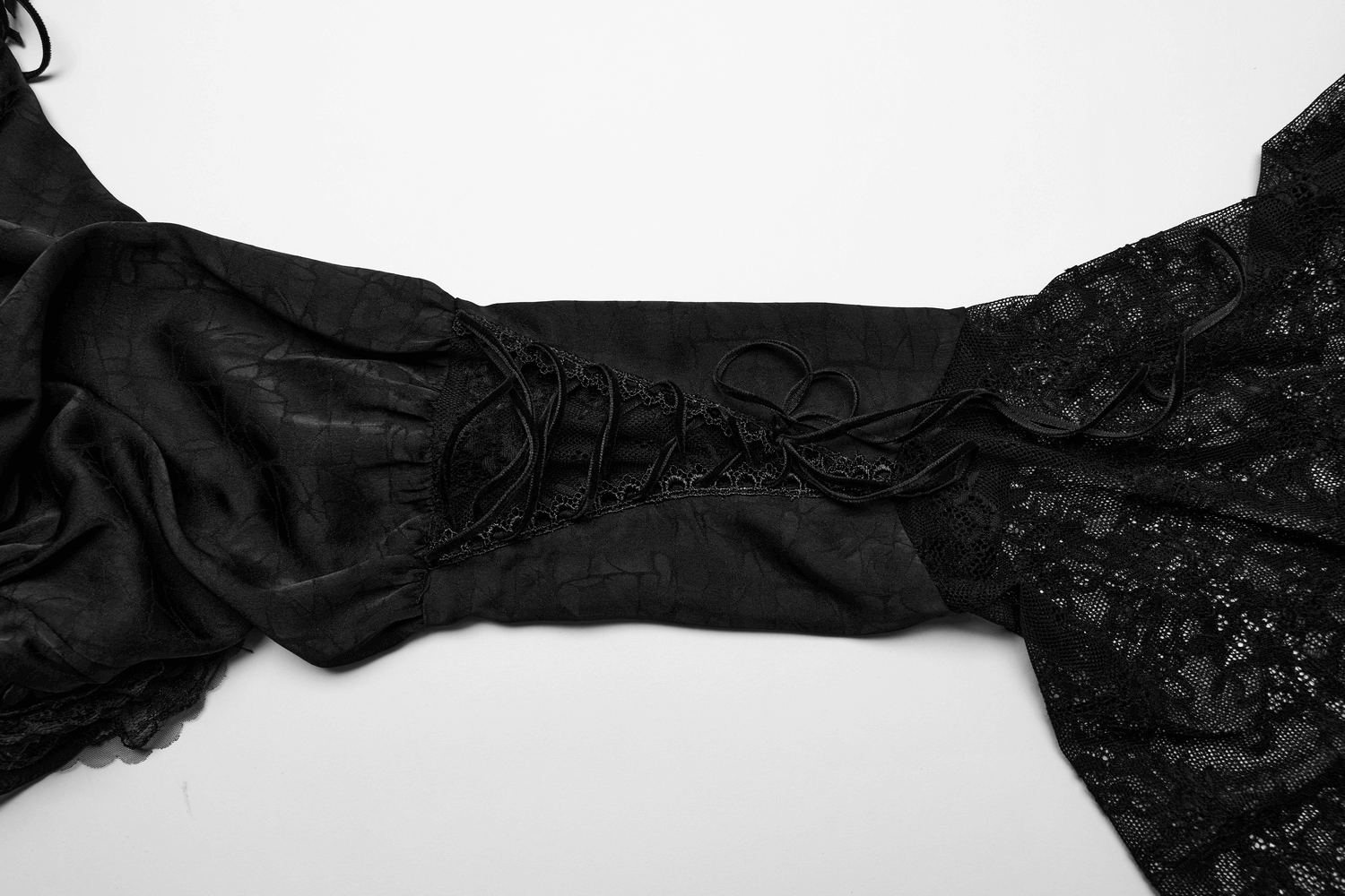 Dramatic black lace gothic blouse with elegant bubble sleeves and intricate lace detailing.