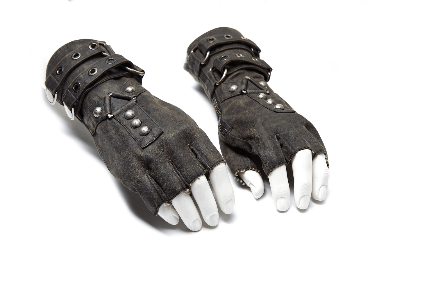 Stylish steampunk-style leather gauntlet gloves with metal buckles and straps for an edgy look.