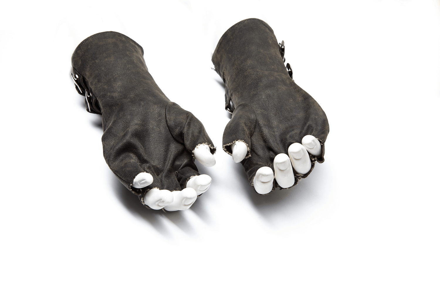 Durable Steampunk-Style Leather Gauntlet Gloves with unique texture and side zippers for easy wear.