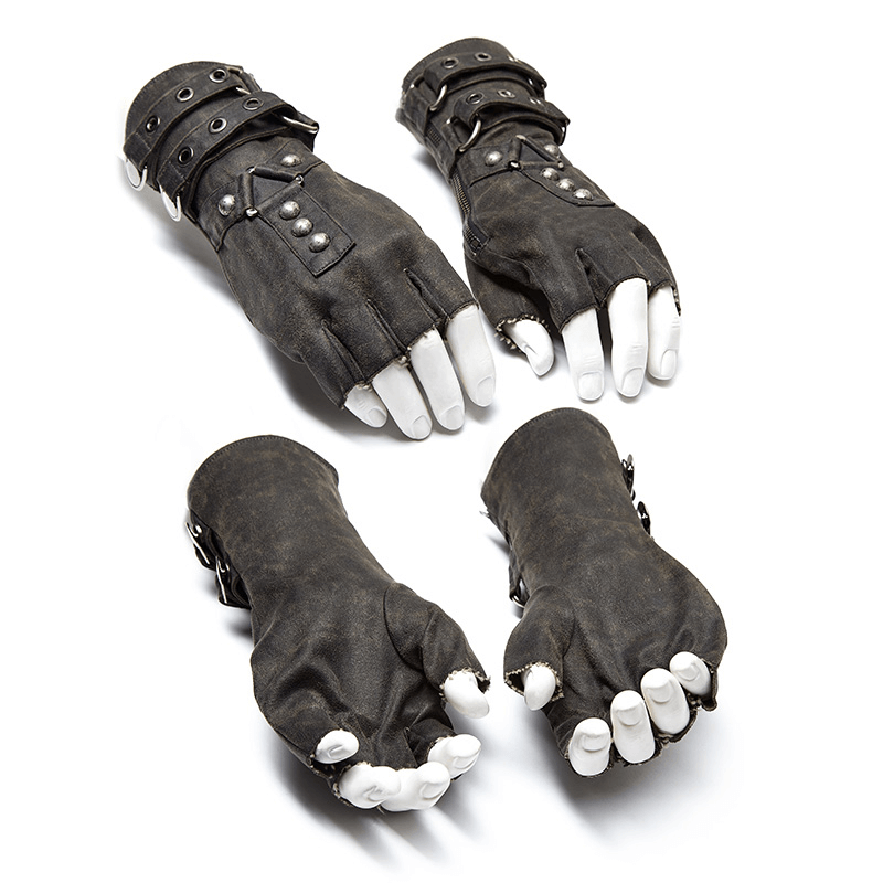 Edgy durable steampunk-style leather gauntlet gloves with metal buckles and side zippers.