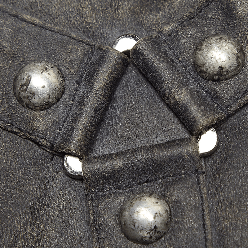 Close-up of durable Steampunk leather gauntlet gloves with metal buckles and textured synth leather.
