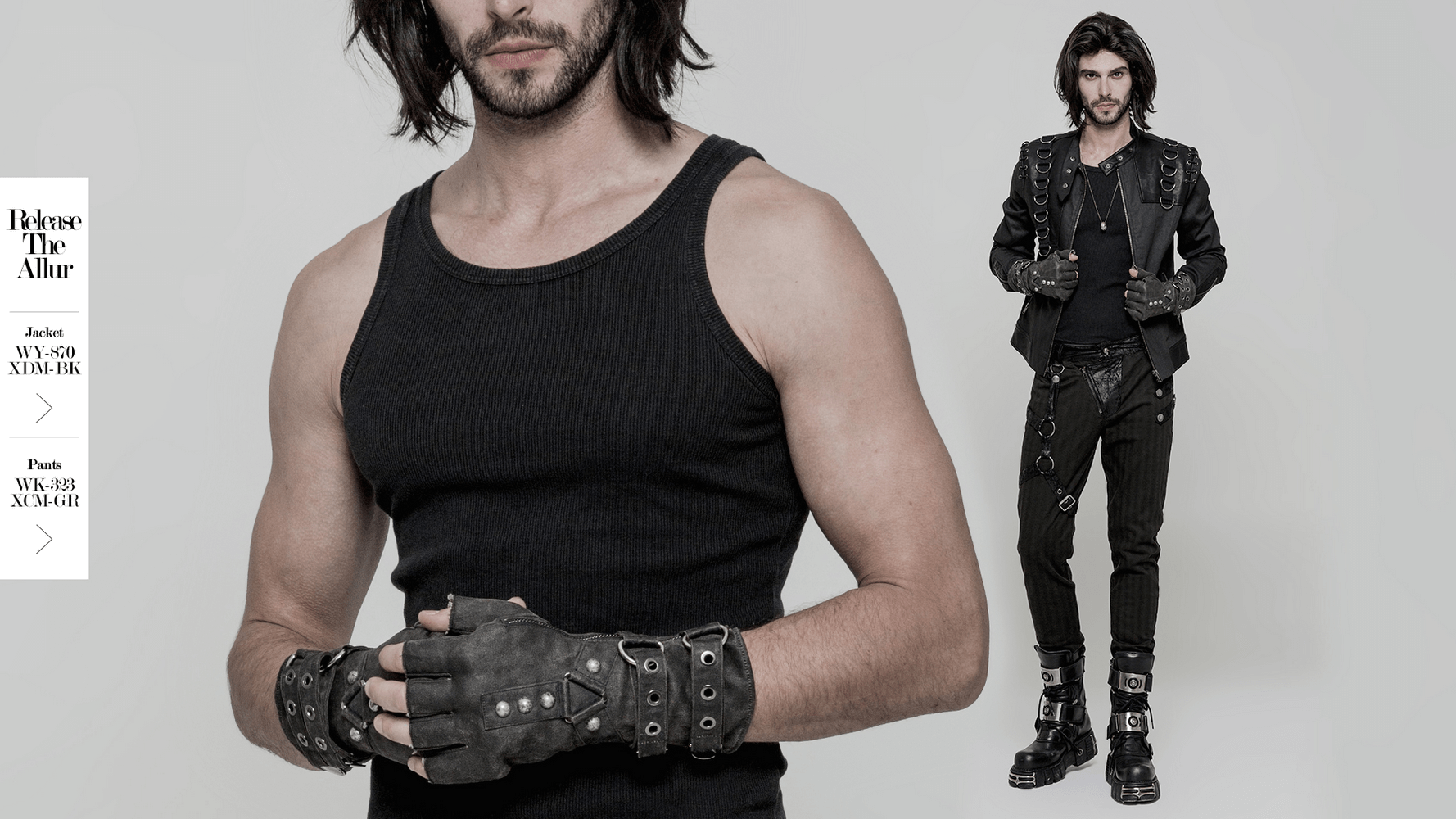 Stylish male model showcasing durable Steampunk-style leather gauntlet gloves with decorative buckles and side zippers.