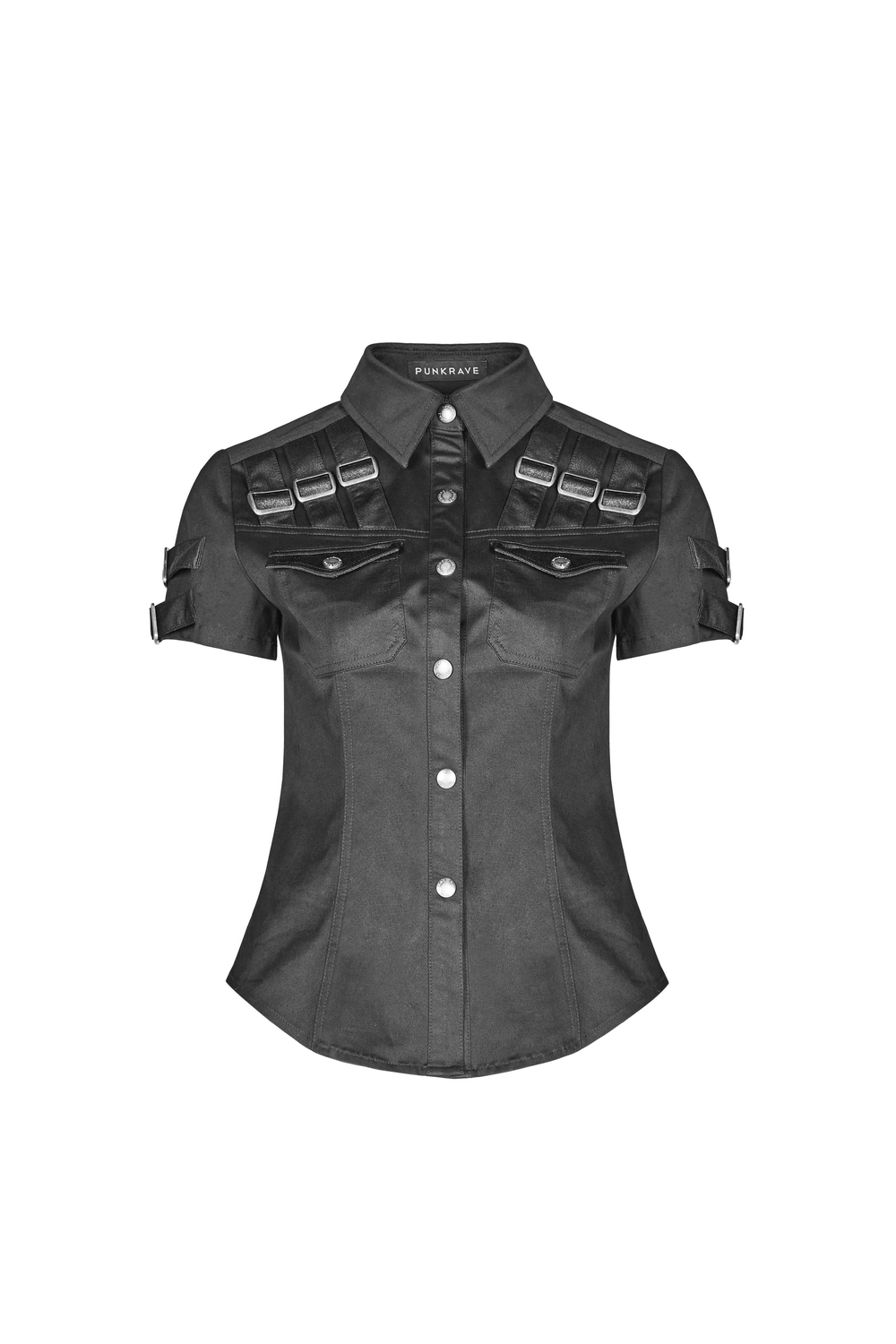 Durable tactical short sleeves shirt with buckle details and chest pockets in sleek black design.