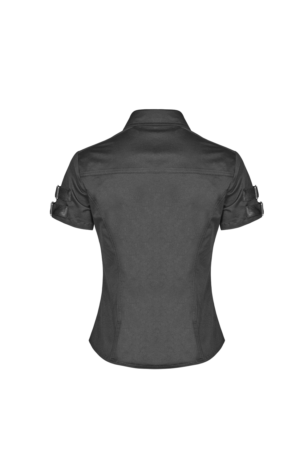 Back view of a durable tactical short sleeves shirt with buckle details and enhanced stitching.
