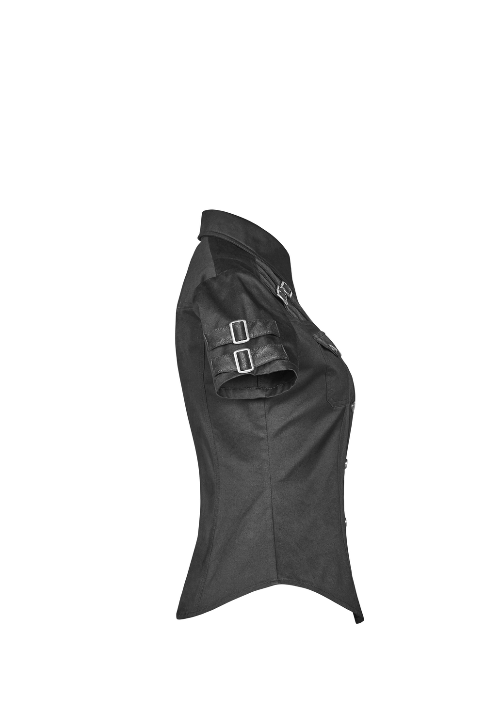 Durable tactical short sleeve shirt featuring buckle details and stylish chest pockets in sleek black design.