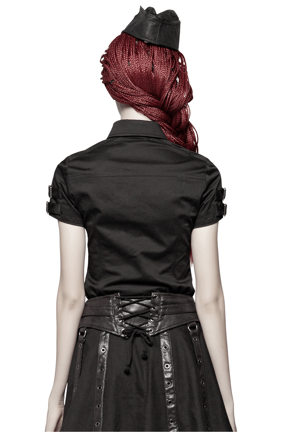 Back view of a model wearing a black tactical short sleeve shirt with braided hair and stylish waist detail.