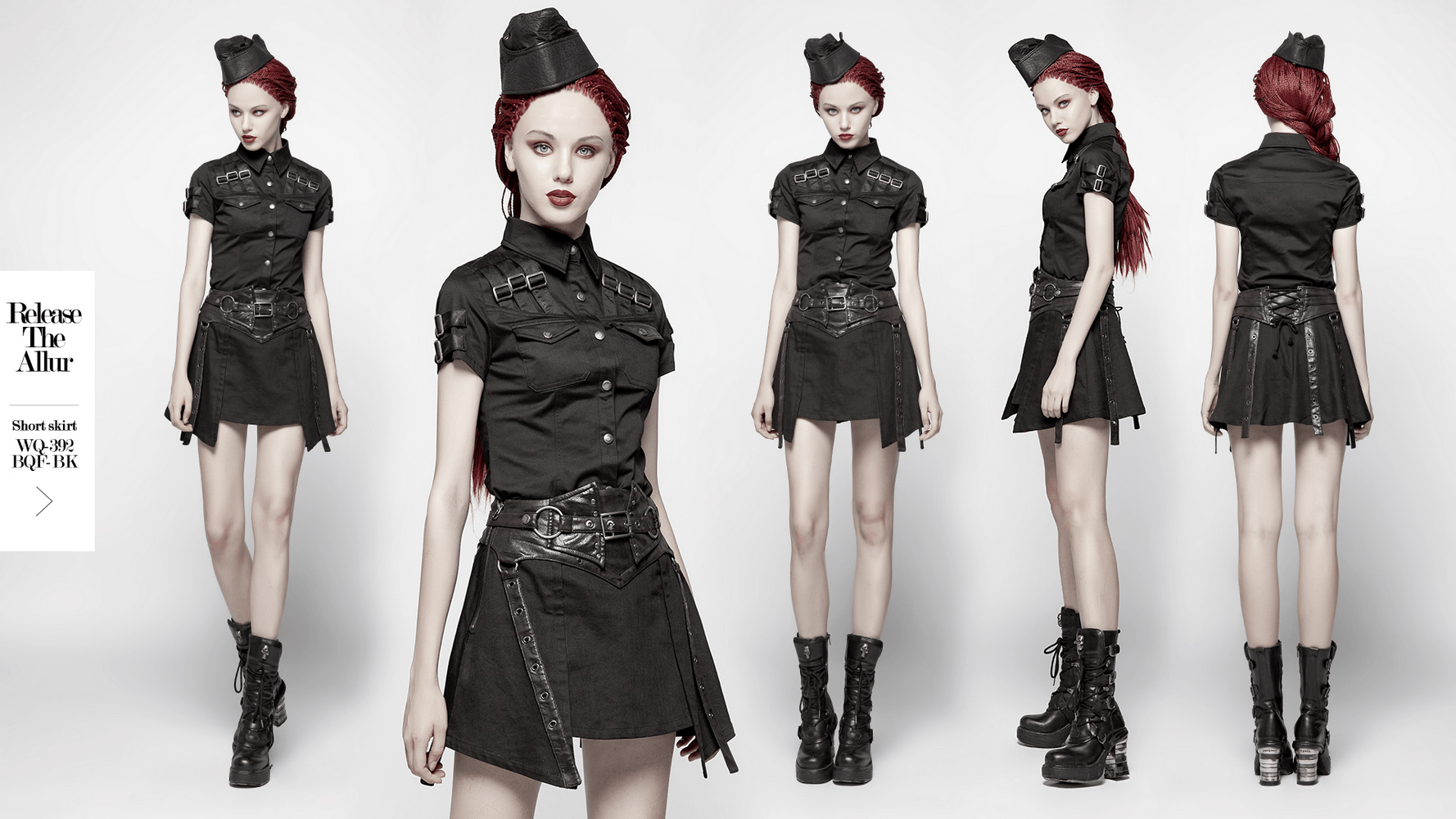 Stylish black tactical short sleeve shirt dress with buckles, featuring a unique blend of edgy design and functionality.