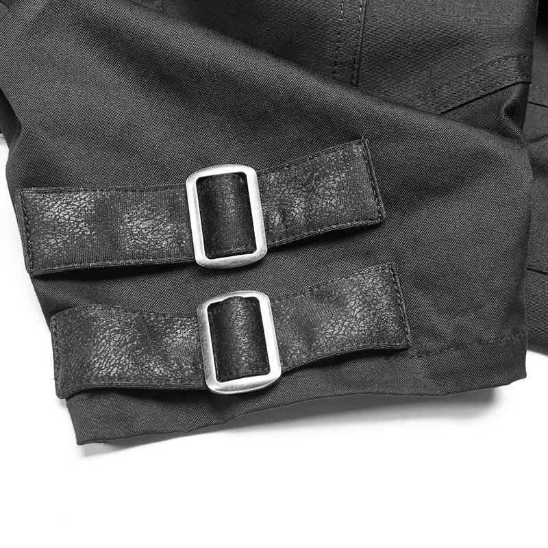 Close-up of tactical short sleeve shirt with stylish buckle details and enhanced stitching.