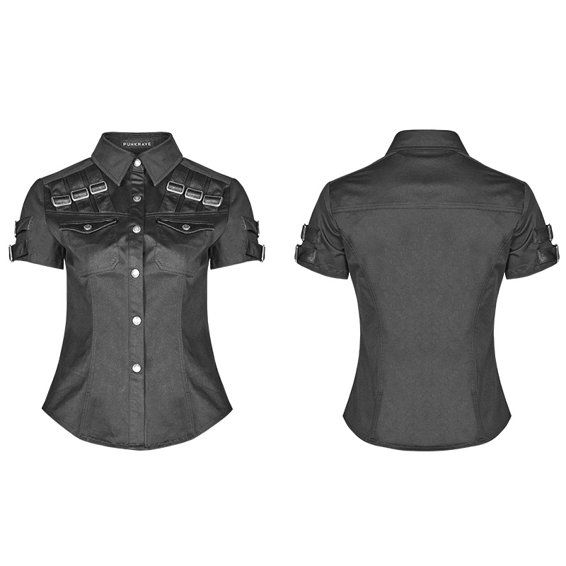 Durable tactical short sleeve shirt with buckle details and chest pockets, showcasing stylish stitching and slim fit.