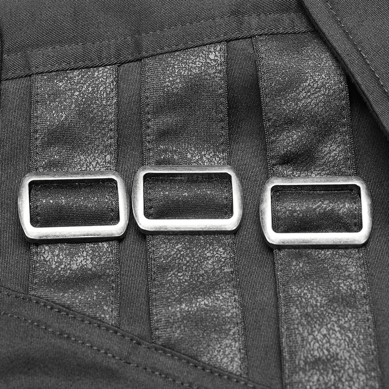 Close-up of metal adjustment buckles on a tactical shirt with enhanced stitching details.