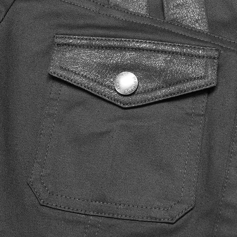 Close-up of durable tactical shirt pocket with metal button detail and enhanced stitching for stylish functionality.