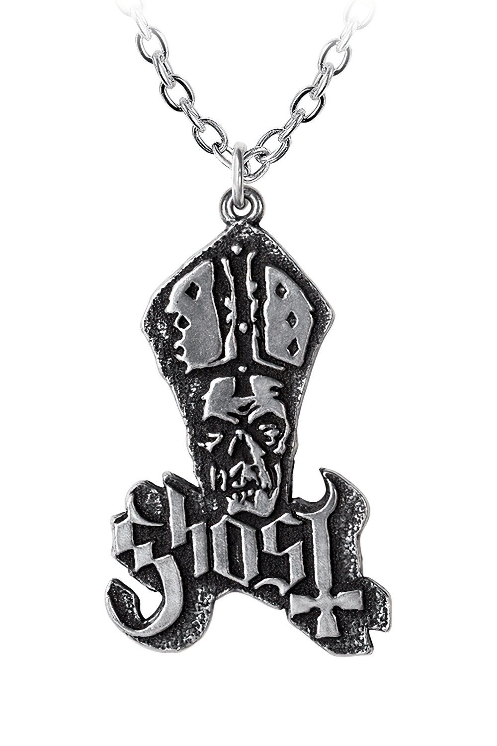 Eccentric Ghost Papa Emeritus pewter pendant with skull design and chain, perfect for music fans and collectors.