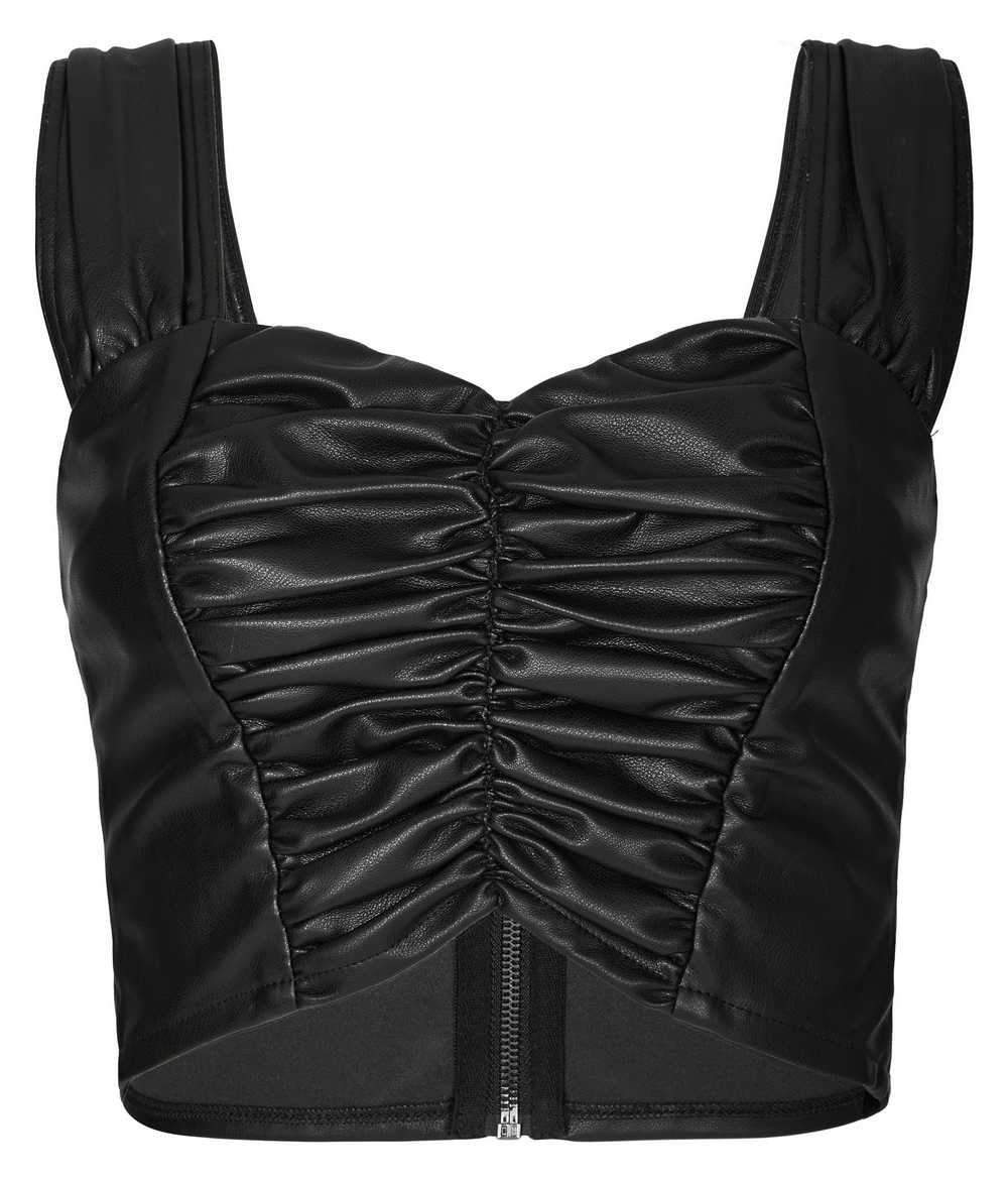 Eco-friendly faux leather pleated crop top with zip front and wide shoulder straps, perfect for stylish women.