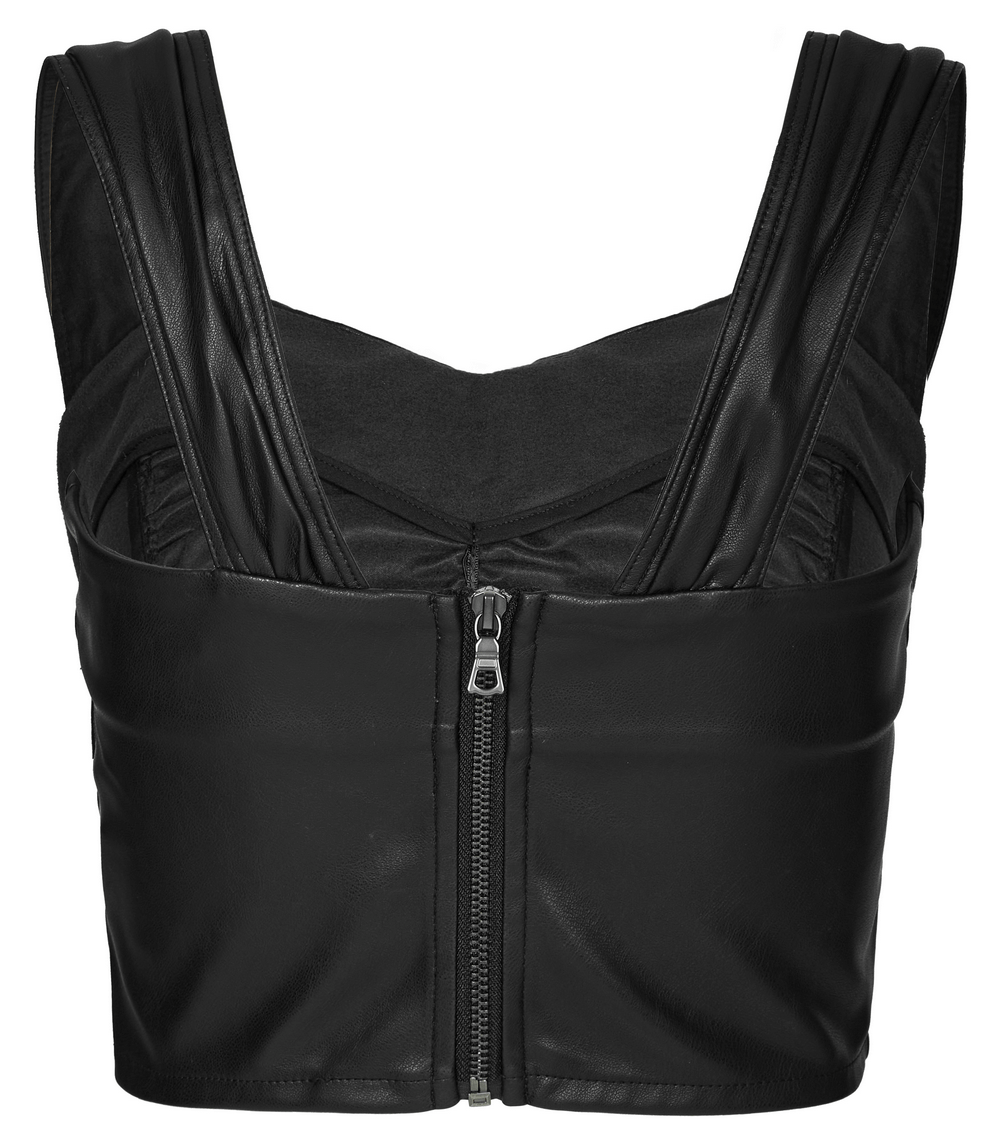 Eco-friendly faux leather pleated crop top with zip front and wide shoulder straps for women's stylish outfits.