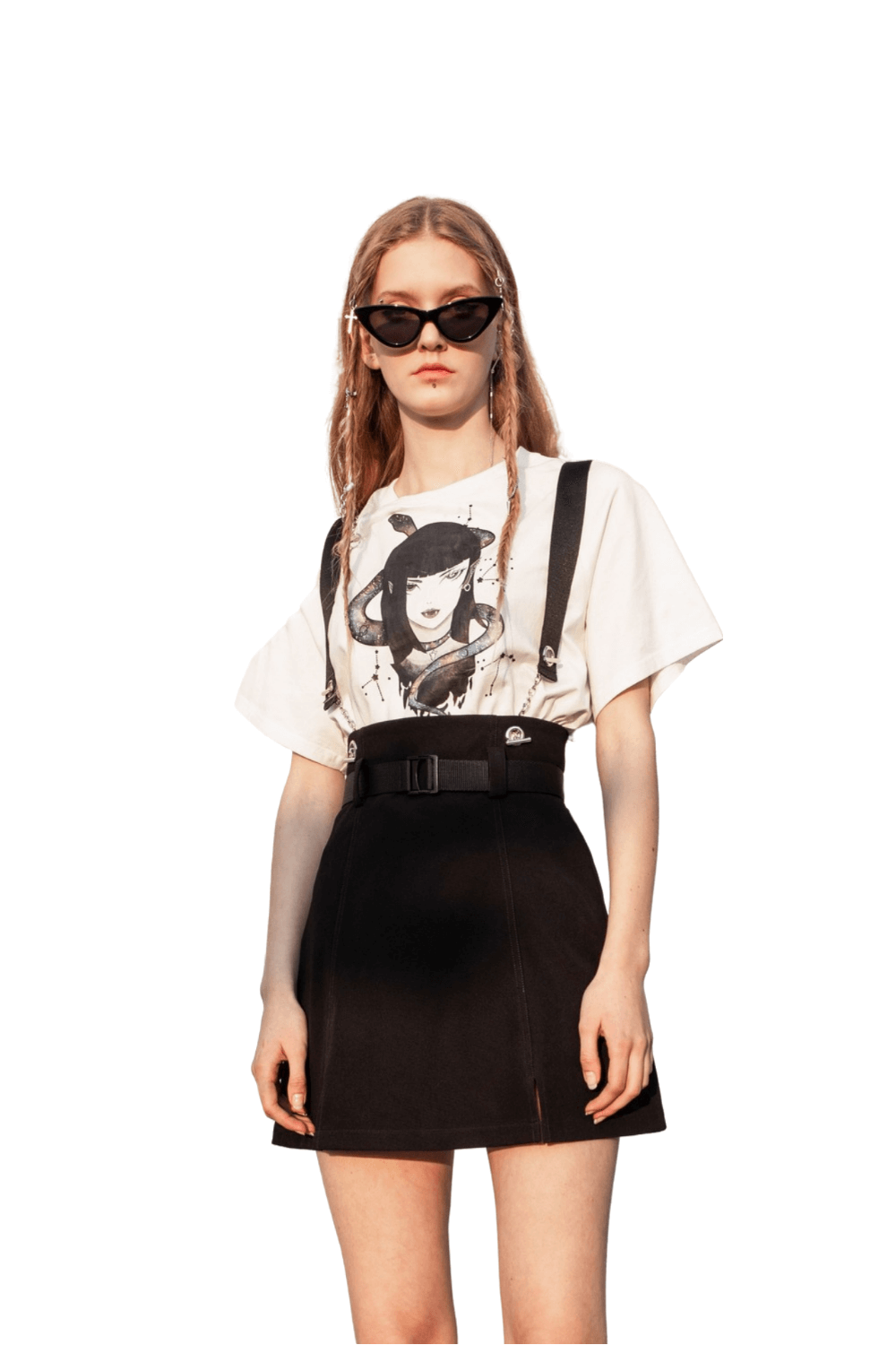 Edgy A-line mini skirt with detachable chain straps paired with graphic tee and sunglasses.
