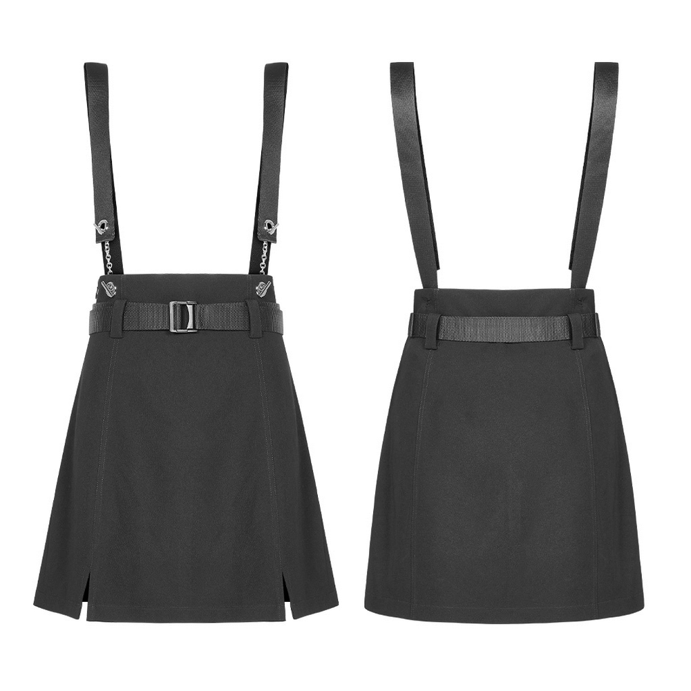 Edgy A-Line mini skirt with detachable chain straps in black, featuring adjustable shoulder straps and a stylish belt.