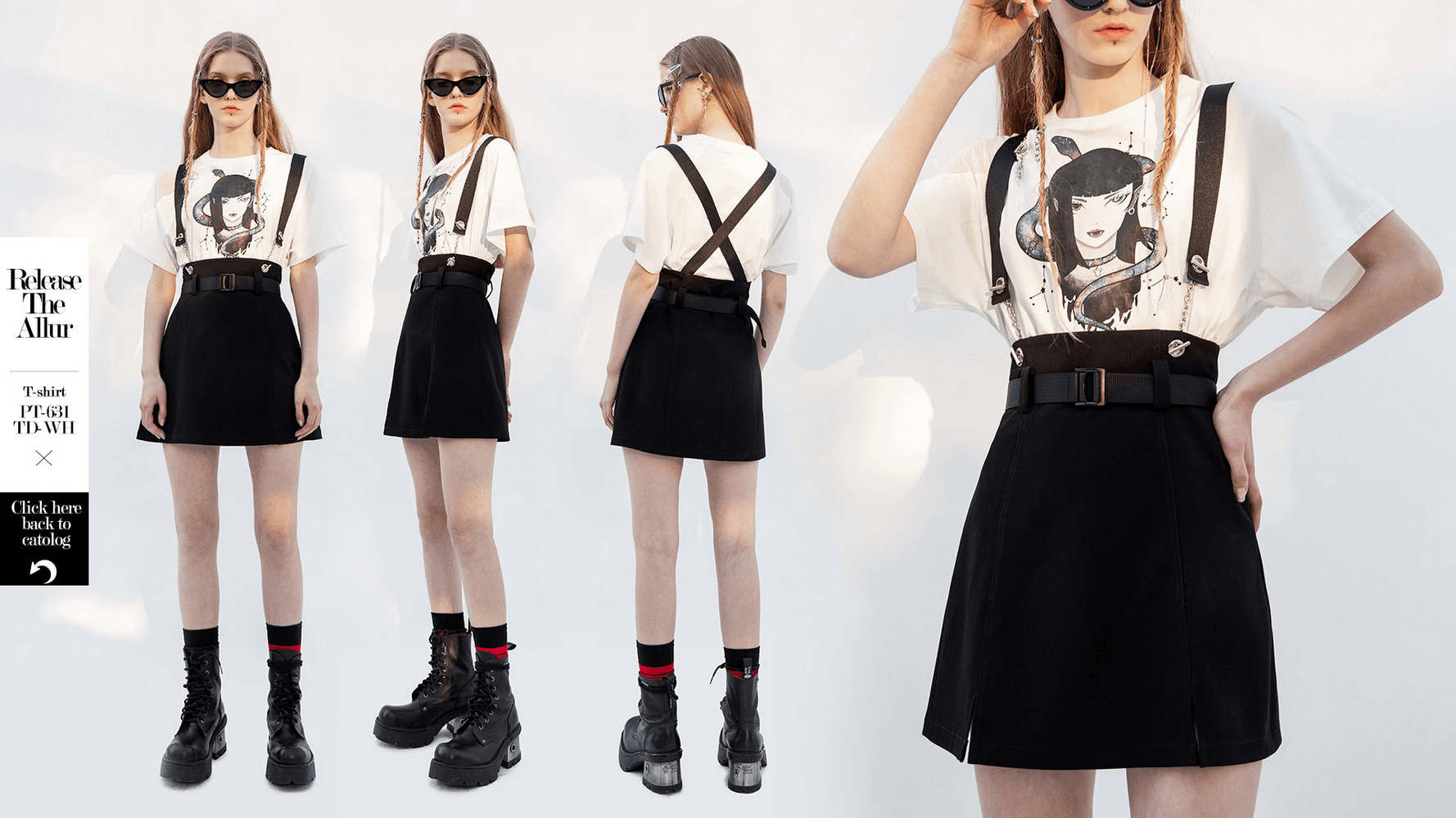 Edgy A-line mini skirt with detachable chain straps, styled with a graphic tee and chunky boots for a chic look.