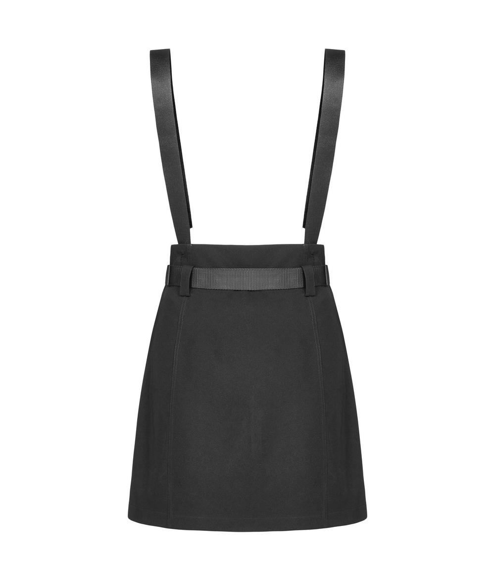 Edgy A-line mini skirt with detachable chain straps and adjustable belt for a chic silhouette.