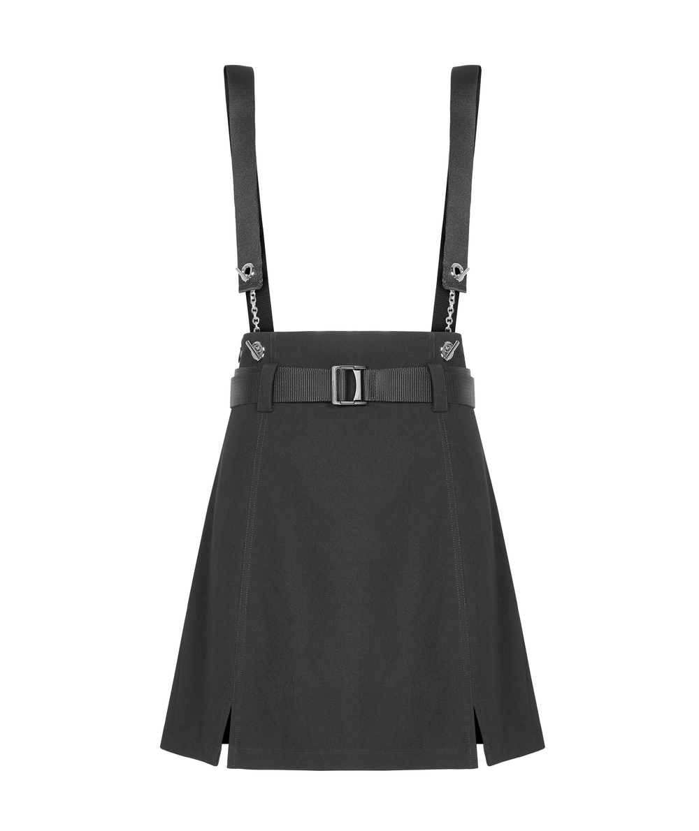 Edgy A-line mini skirt with detachable chain straps and belt, perfect for modern fashion styles.