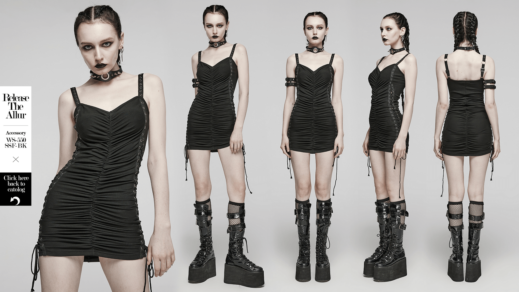 Edgy adjustable drawstring mini dress in black, featuring eyelet straps and ruched detailing for a chic punk style.
