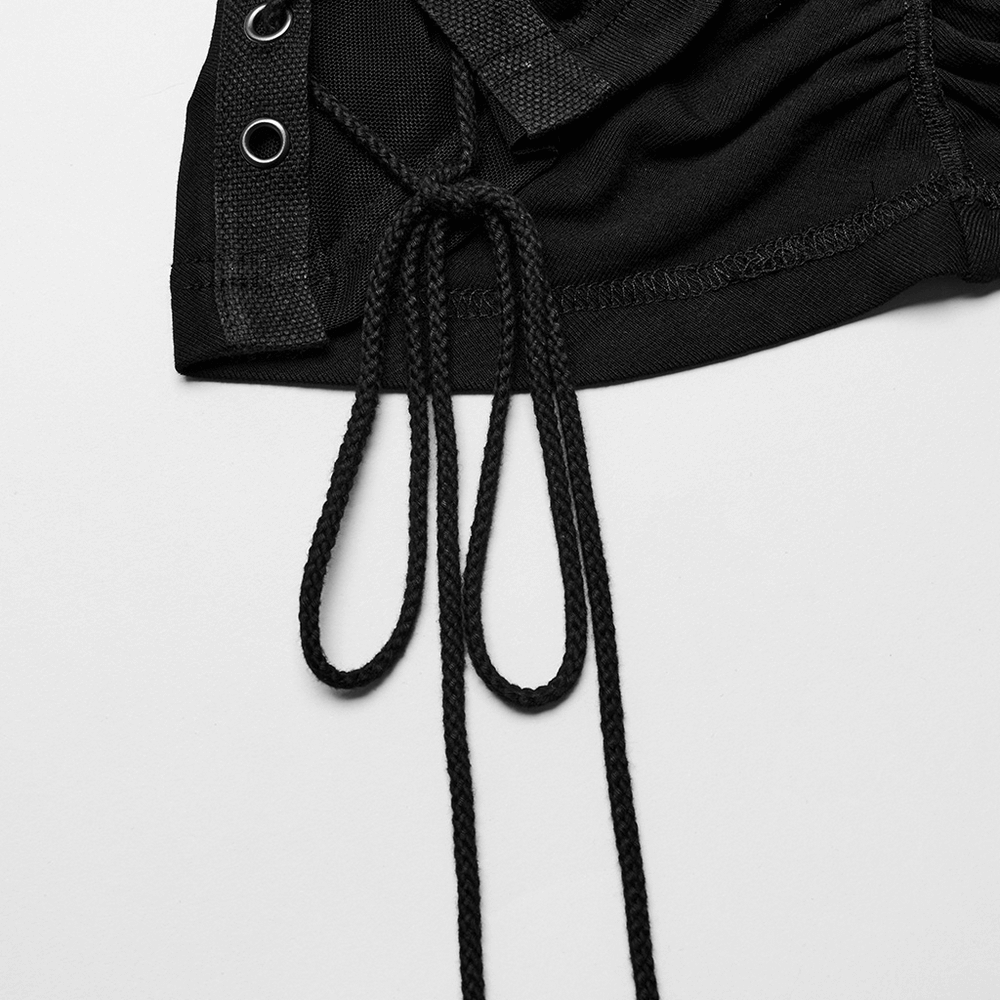 Close-up of adjustable black drawstring on edgy ruched mini dress showcasing eyelet details and chic punk style.
