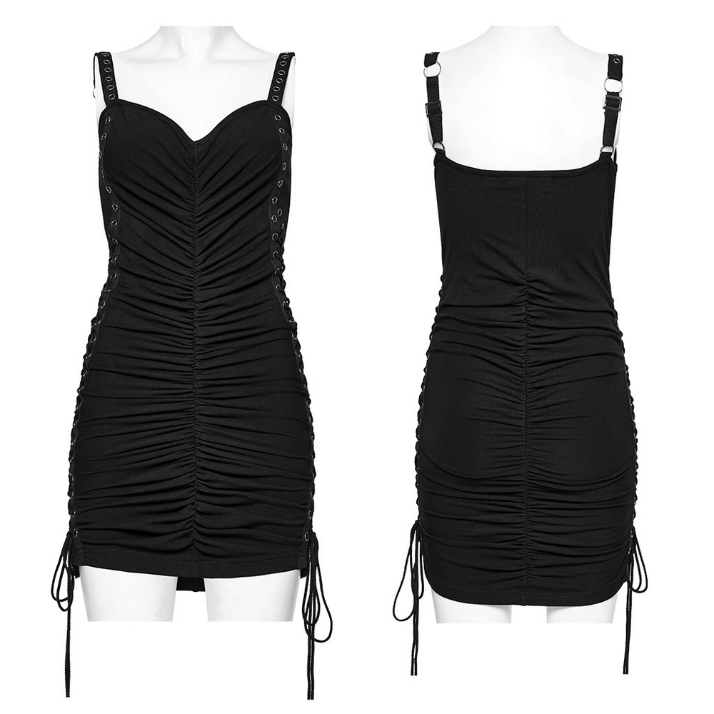 Edgy adjustable black mini dress with eyelet straps and ruched design, perfect for a chic punk style.