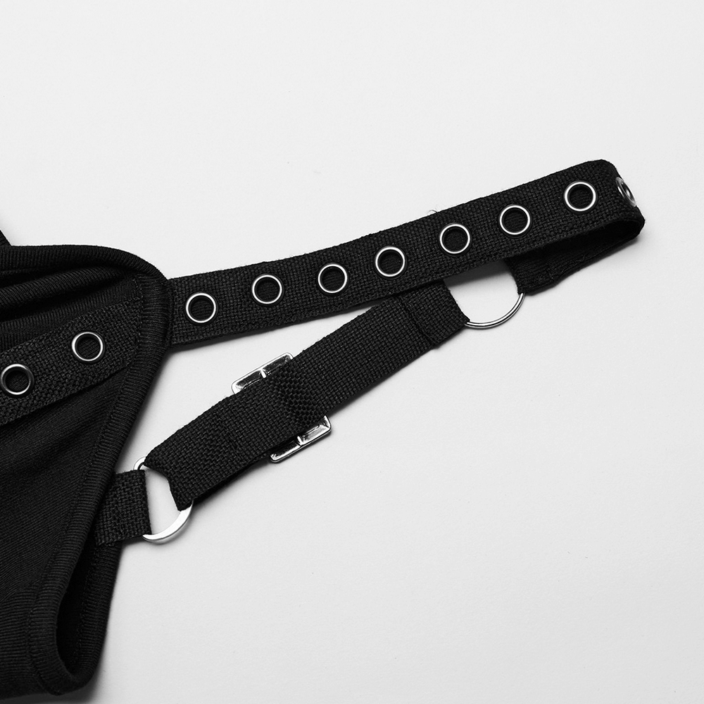 Close-up of adjustable black dress strap with eyelet details, perfect for a chic punk style look.