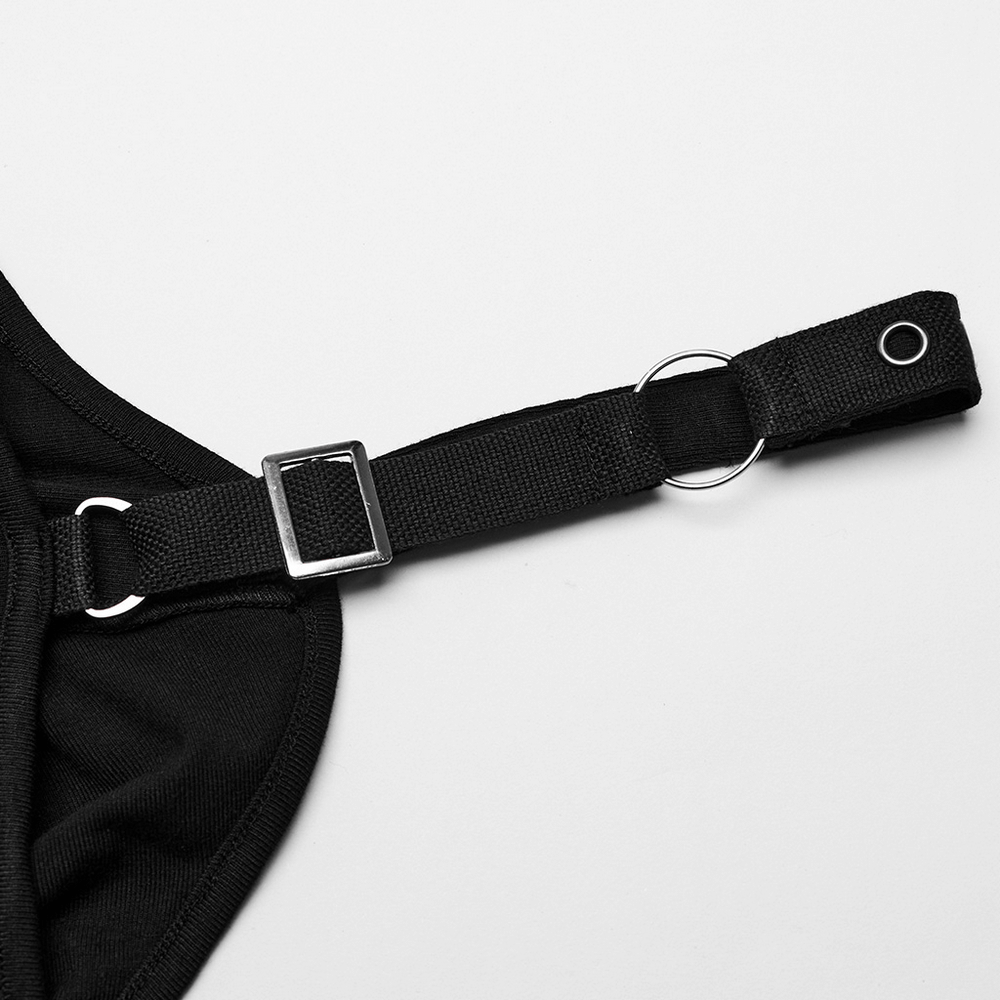 Close-up of adjustable black strap with metal buckle and eyelet for a personalized fit in fashion apparel.