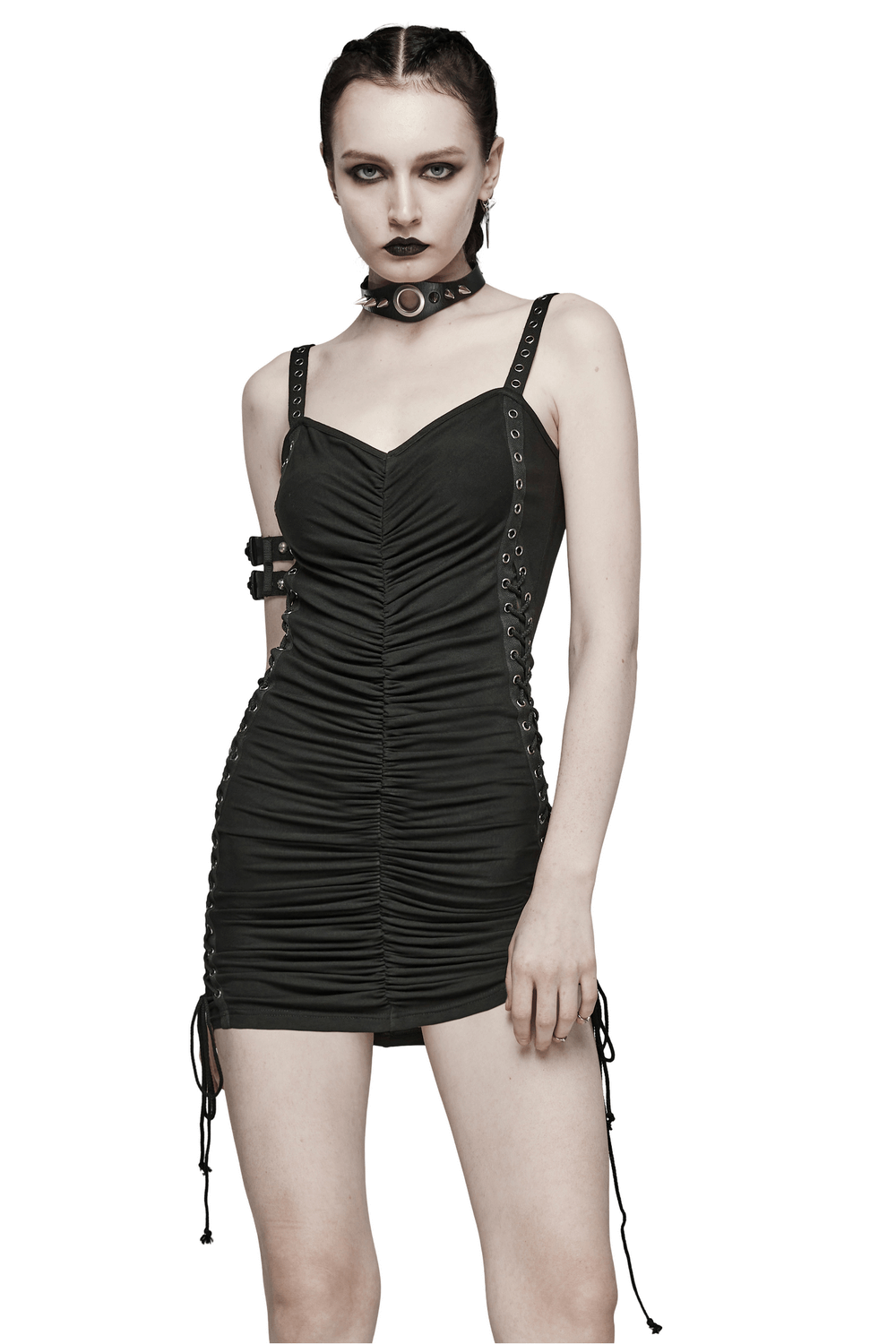 Chic punk style black adjustable drawstring mini dress with ruched details and eyelet straps.