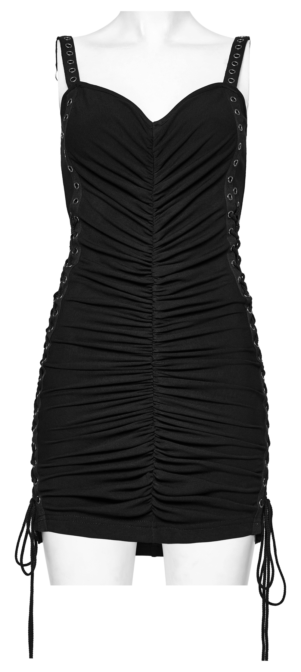 Edgy black adjustable drawstring mini dress with eyelet straps and ruched detail for a flattering silhouette.