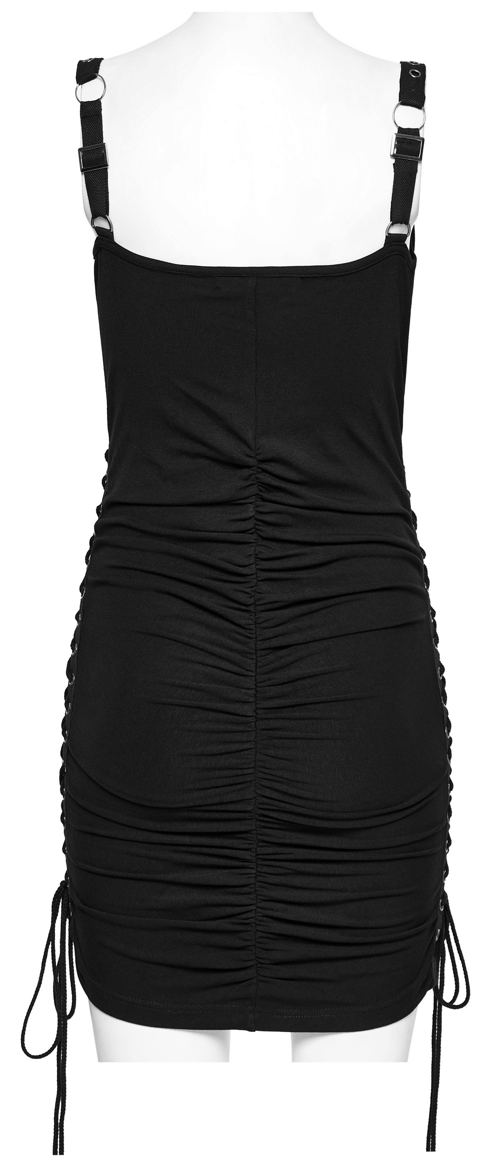 Back view of edgy adjustable black mini dress with eyelet straps and ruched detailing for a flattering fit.