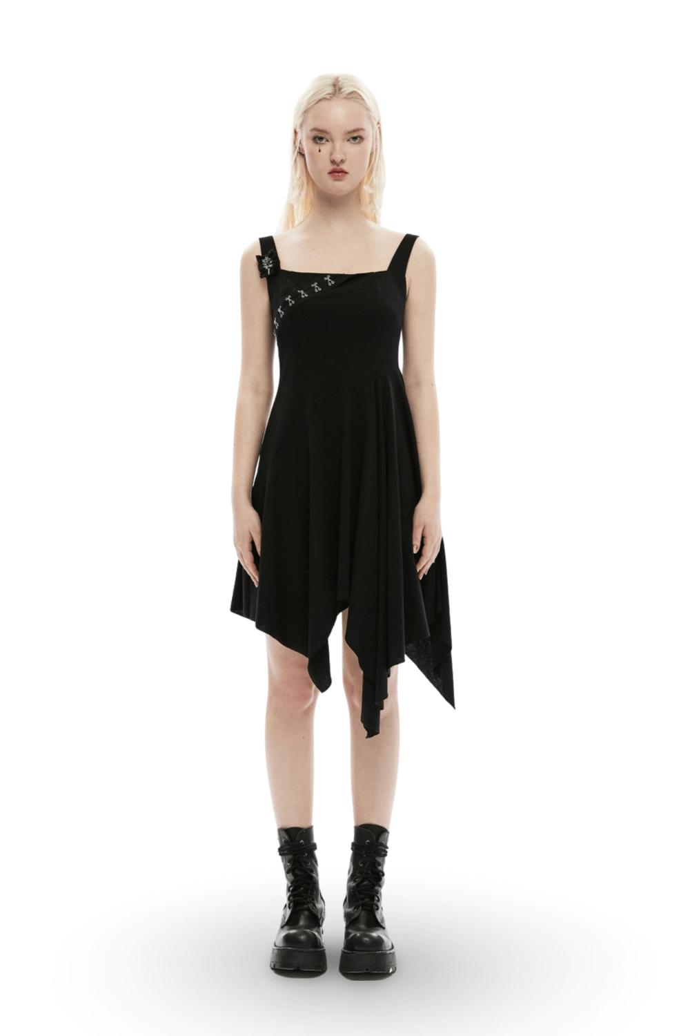 Edgy Asymmetrical Black Dress with Brooch Detail