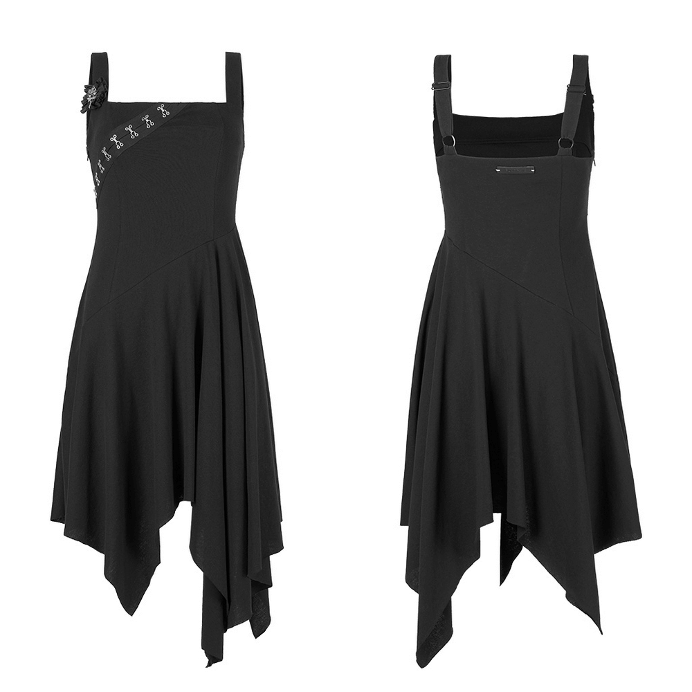 Edgy asymmetrical black slip dress featuring brooch detail and unique square hemline for a bold style.