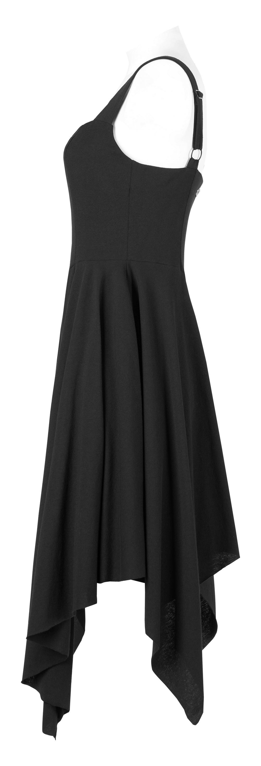 Edgy asymmetrical black dress with striking square hemline and sleek buckle details, perfect for an avant-garde look.