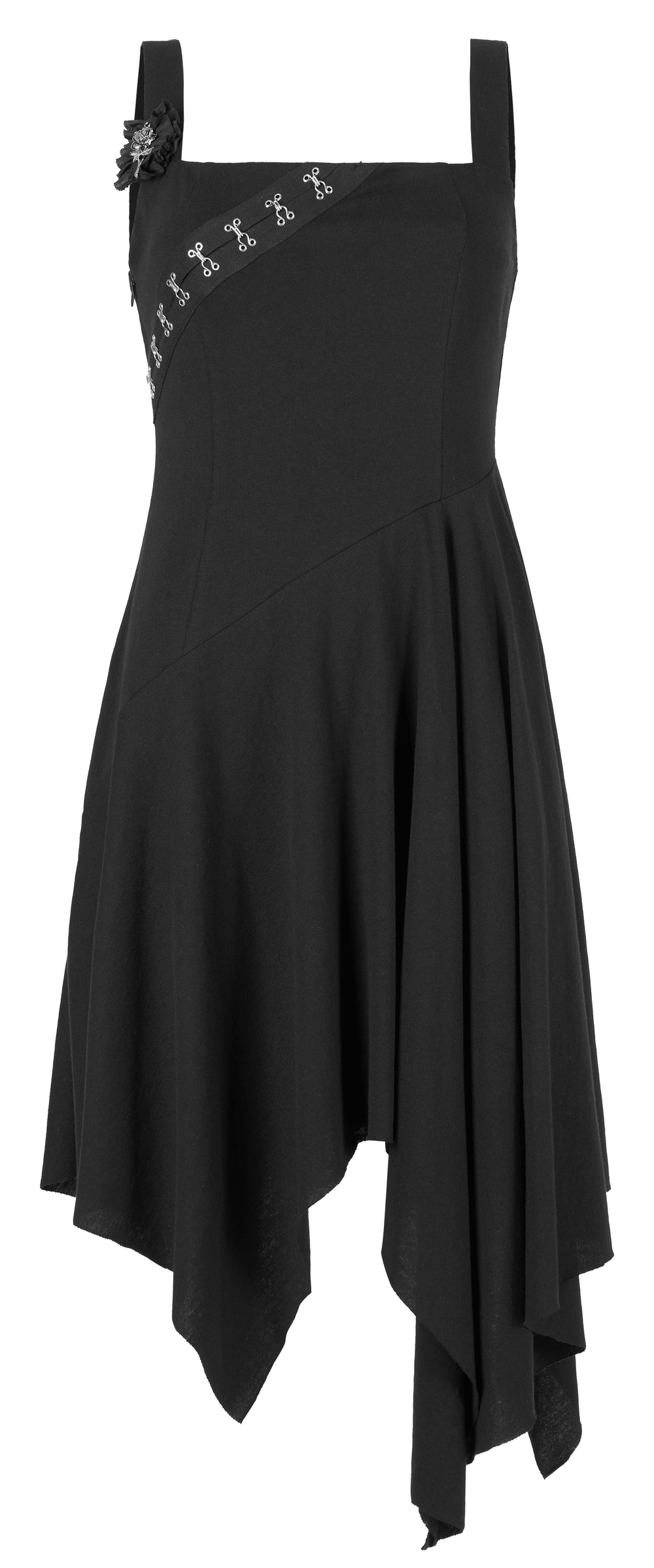 Edgy asymmetrical black slip dress with brooch detail and unique square hemline.