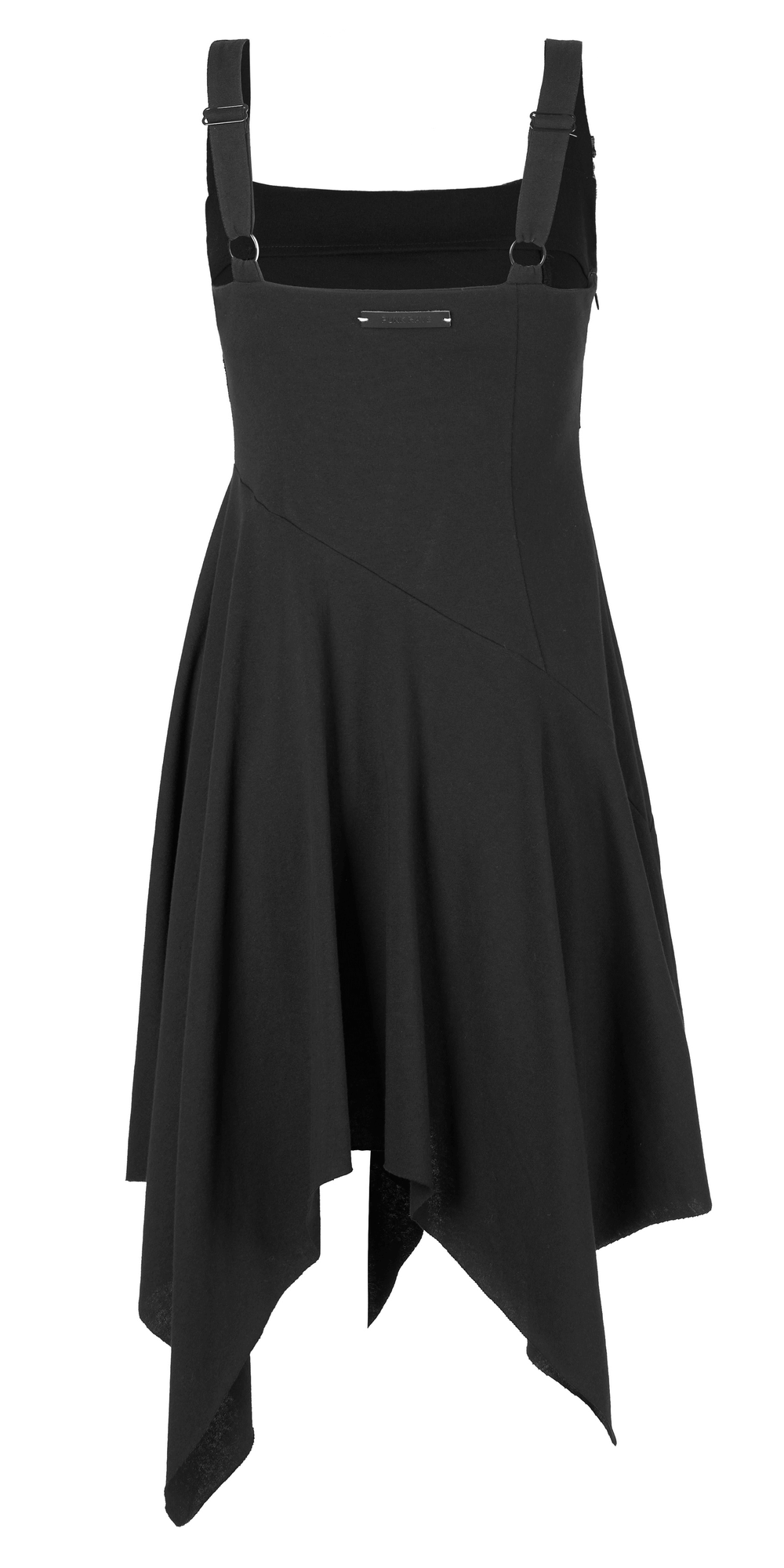 Edgy asymmetrical black slip dress featuring a unique square hemline and stylish brooch detail.