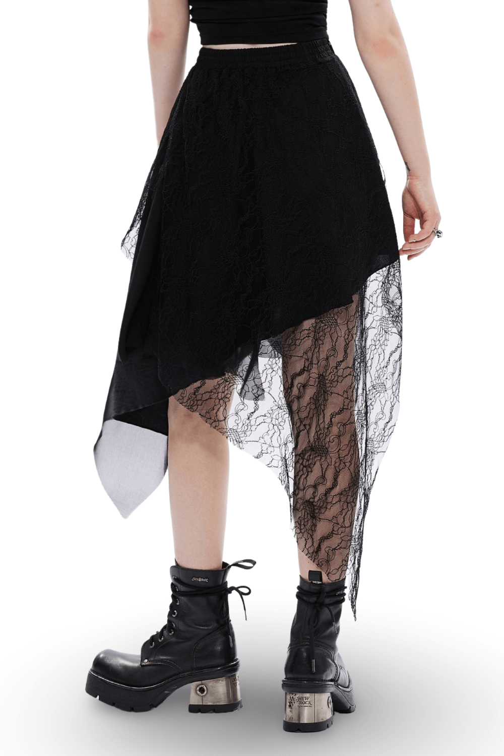 Edgy Black Asymmetric Lace-Trim High-Low Skirt