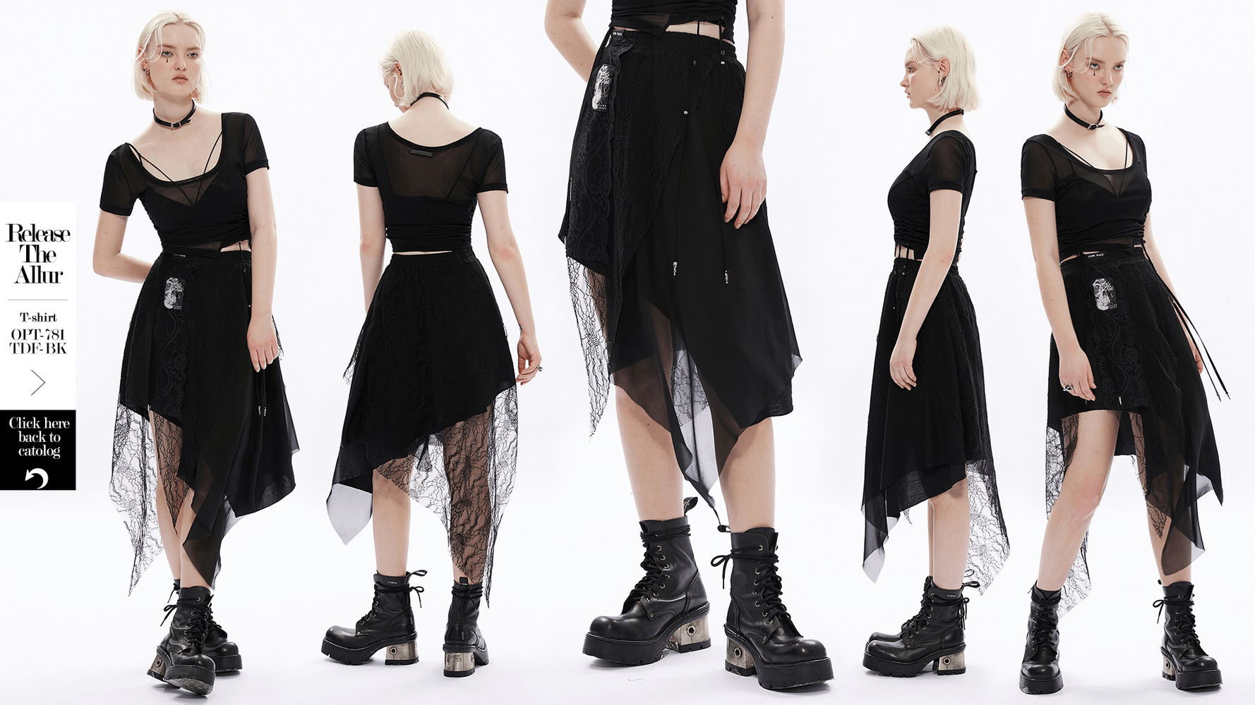 Edgy Black Asymmetric Lace-Trim High-Low Skirt