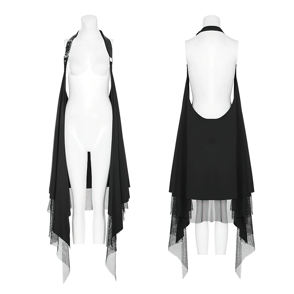 Edgy black asymmetrical lace-trim cape for women, featuring a draped design and buckles, perfect for gothic fashion.