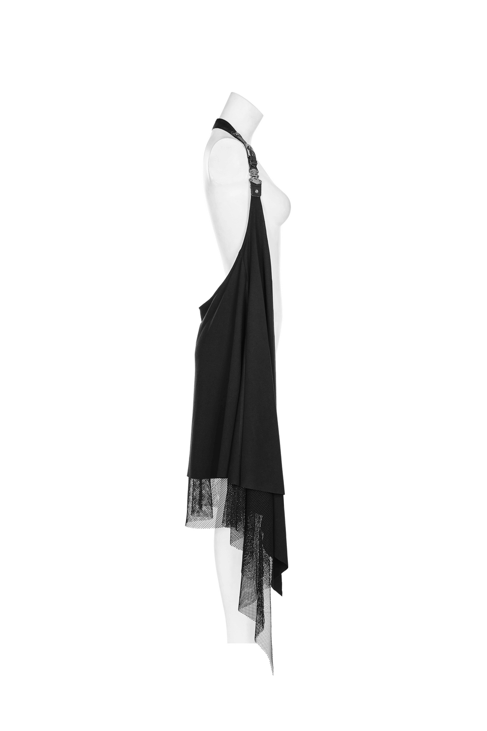 Edgy black asymmetrical lace-trim cape for women featuring stylish buckles and a draped silhouette.